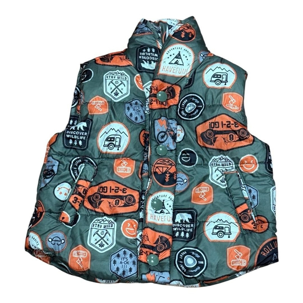 Joe Fresh Vest Baby 6-12 Months Puffer Quilted Camping Patch Print Insulated